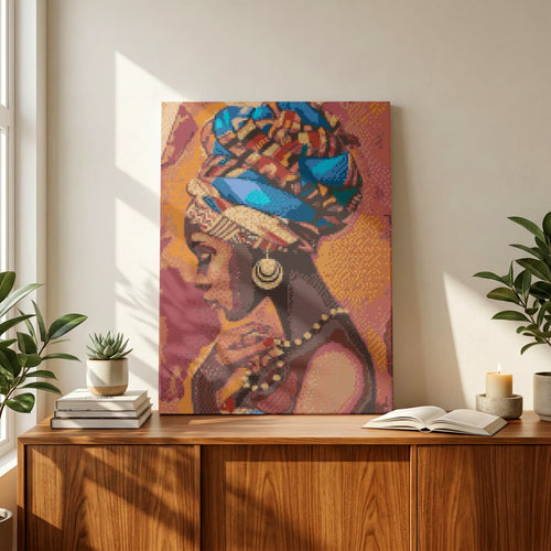 African Woman Portrait | Diamond Painting Kit Colorful artwork of a woman with a headscarf on a wooden cabinet with plants and books.