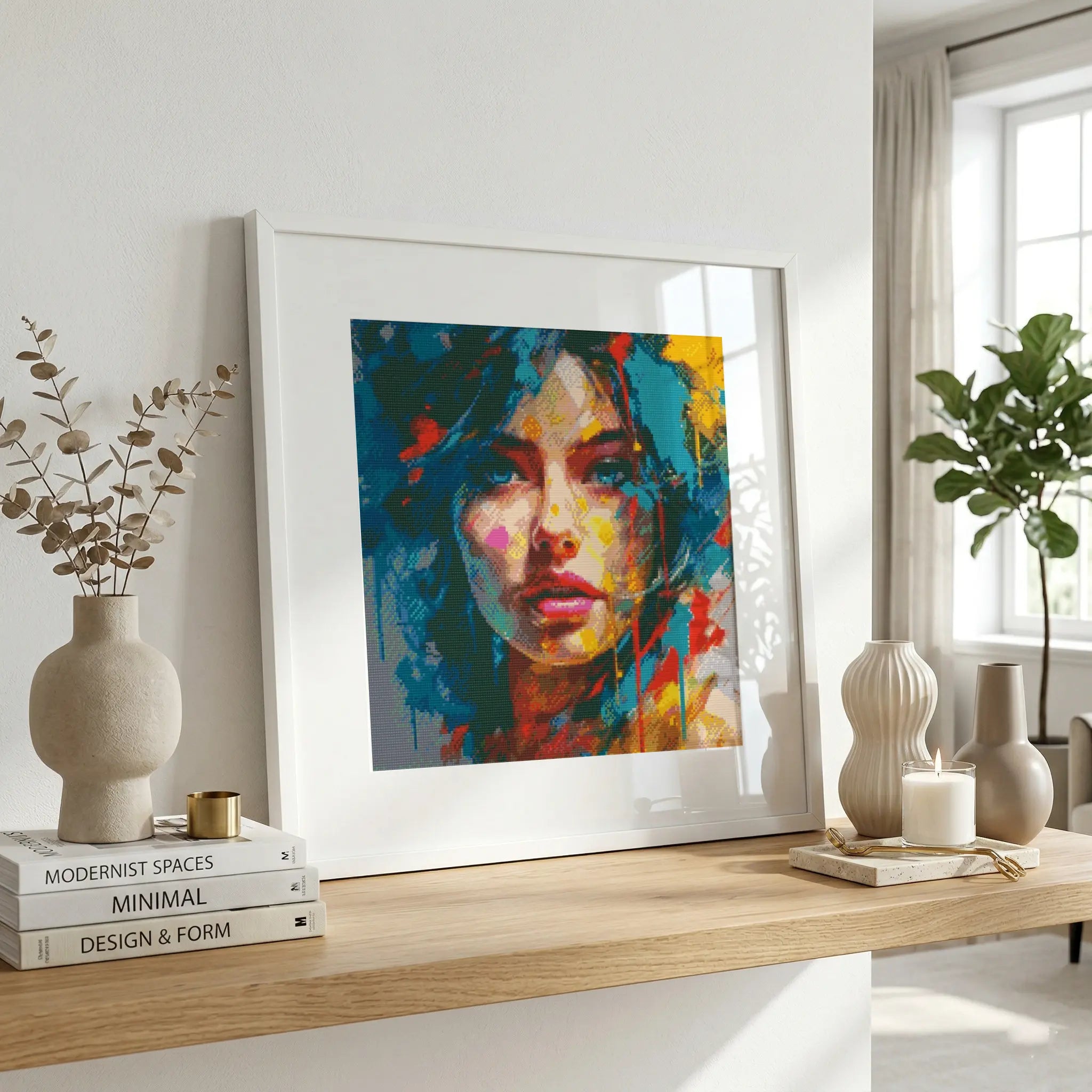 Framed colorful art print of a woman's face on a wooden shelf with decor items. Electric Portrait | Diamond Painting Kit