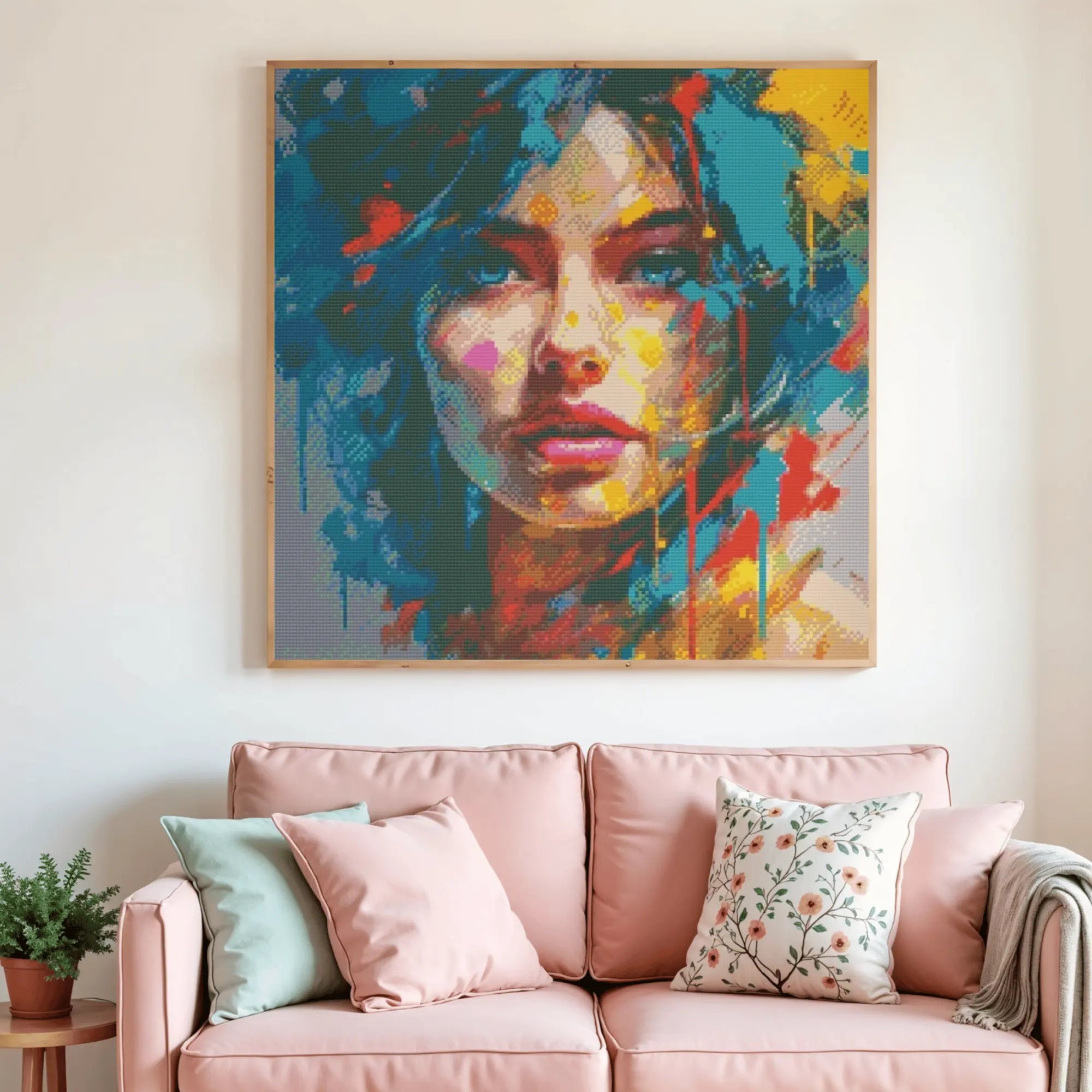 Colorful abstract painting of a woman's face above a pink sofa with decorative pillows. Electric Portrait | Diamond Painting Kit