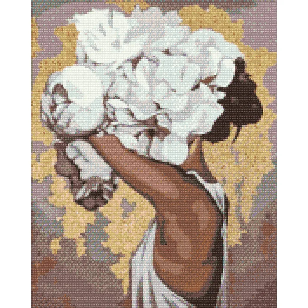 Full artwork of the Veiled in White Peonies diamond painting, woman holding white peonies against gold leaf
